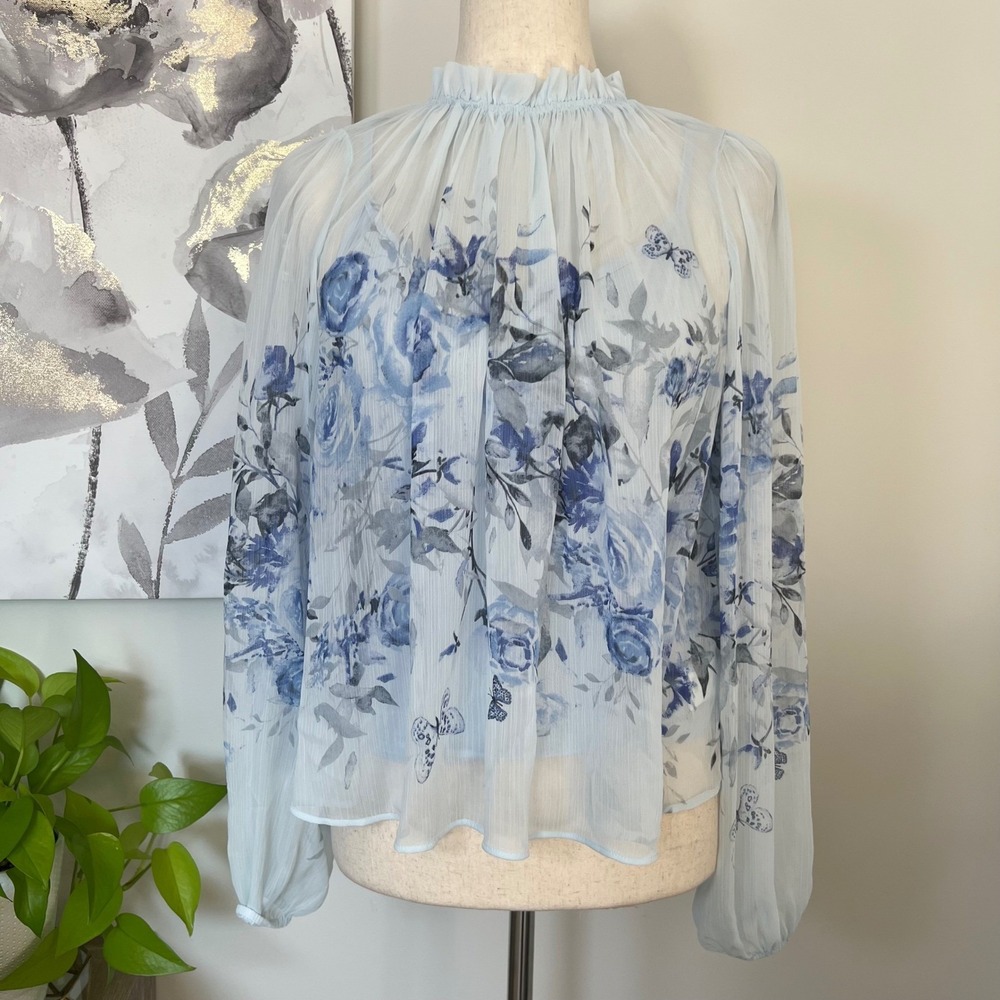 Rachel Zoe Top XS Blue Floral Sheer Fairy Romantic Boho Whimsical Butterfly